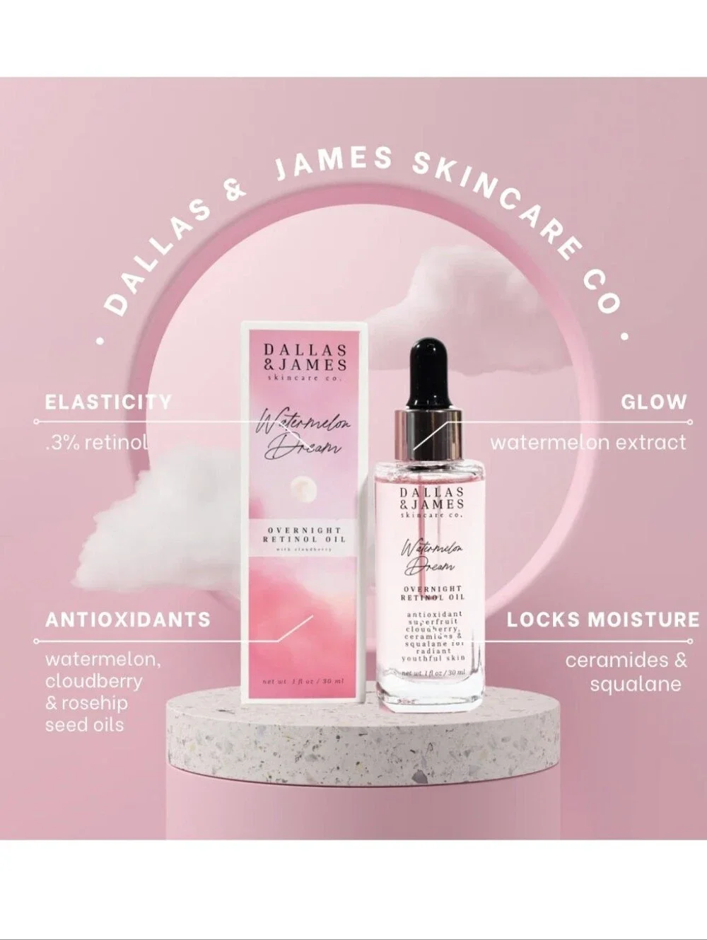 Dallas And James Watermelon Dream Overnight Retinol Oil w/Cloudberry, 1oz, NIB